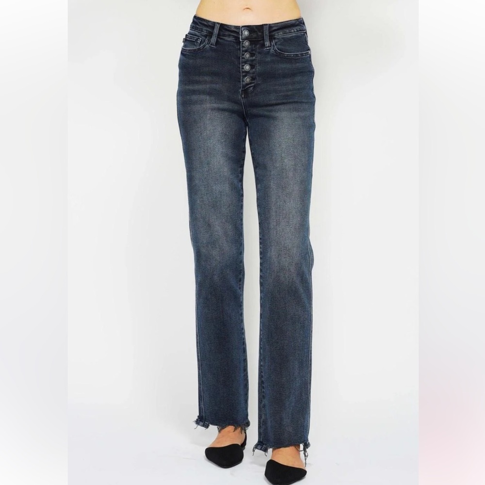 JUDY BLUE High Waist Button-Fly Destroy Hem Straight Denim Jeans - Picture 3 of 15